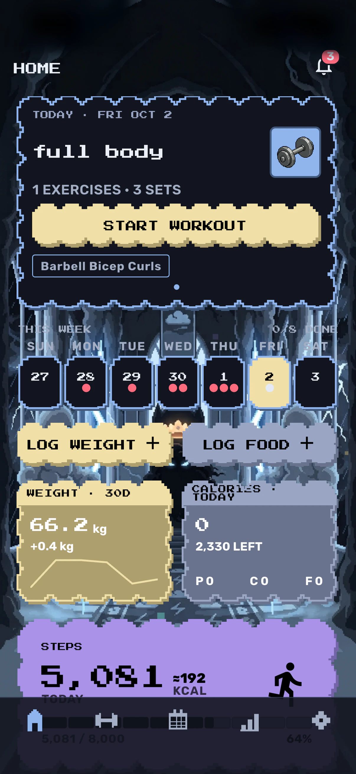 RAAV home dashboard showing today's workout, weekly steps, and body-weight trend