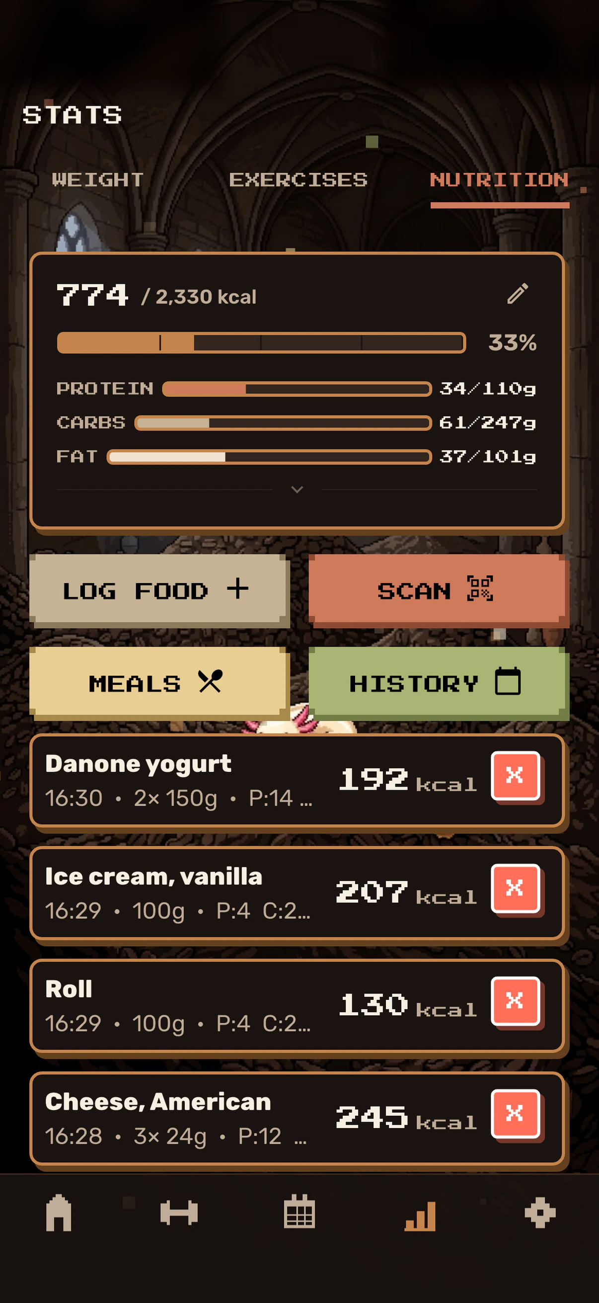 RAAV nutrition dashboard showing calories and macro progress